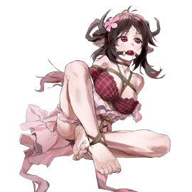 1girls a_tea animal_ears arknights ball_gag bare_shoulders barefoot bondage bound bra breasts brown_hair eyjafjalla_(arknights) eyjafjalla_(summer_flowers)_(arknights) feet female female_only flower gag hair_flower hair_ornament highres horns large_breasts light-skinned_female light_skin red_bra red_eyes restrained shibari_over_clothes solo swimsuit underwear white_background