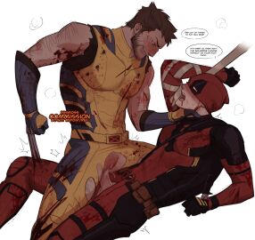 2boys absurdres arm_hair beard belt black_gloves blood_on_clothes blood_on_face blush bodysuit boner brown_hair claw_(weapon) clenched_hand clitoris cum cum_in_pussy cuntboy cuntboy_with_male deadpool deadpool_&_wolverine deadpool_&_wolverine_(2024) deadpool_(series) dominant_cuntboy english_text erection facial_hair full-face_blush gay gloves grin hand_on_another's_neck highres inhimoss intersex james_howlett knife large_pectorals logan_(x-men) looking_at_another male male_only marvel marvel_cinematic_universe marvel_comics mask_lift multiple_boys multiple_males mutant_(marvel) mutate_(marvel) open_mouth pectorals penis power_bottom pubic_hair pussy red_bodysuit red_mask restrained seatbelt sex short_hair sleeveless smile speech_bubble spread_legs stab strangling superhero_costume teeth torn_bodysuit torn_clothes trembling utility_belt vaginal_penetration wade_wilson weapon wolverine_(x-men) x-men yaoi yellow_bodysuit