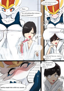 bath breasts bunny bunny_ears cinderace female female_cinderace generation_8_pokemon horny horny_female huge_breasts hugging_from_behind larger_female male menyang pokemon pokemon_(species) scent size_difference smaller_male turned_on