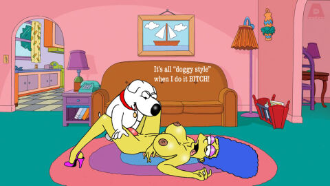 anthro balls big_breasts brian_griffin canid canine canis crossover domestic_dog family_guy female huge_breasts interspecies male marge_simpson nude penis pussy sbb sex the_simpsons tongue tongue_out vaginal_penetration zoophilia