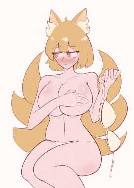 1girls 2d almost_naked animal_ear_fluff bagtroz blush breasts covering_breasts covering_nipples embarrassed embarrassed_nude_female eosd2002 female fox_ears fox_girl fox_tail hand_over_breasts holding_bra huge_breasts large_breasts looking_away multi_tail ran_yakumo short_hair solo tail tails touhou white_bra white_panties yakumo_ran yellow_eyes