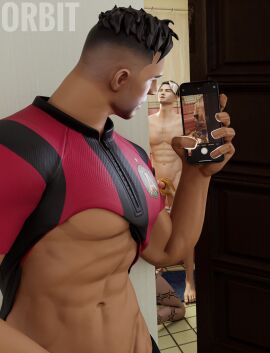 3boys 3d bathroom blowjob closed_eyes cum fellatio filming filming_sex fortnite gay gold_hands jockstrap kneeling looking_pleasured male male_only maverick_(fortnite) midas_(fortnite) montague_(fortnite) on_knees orbit_nsfw tattoos two-tone_hair watching watching_sex yaoi