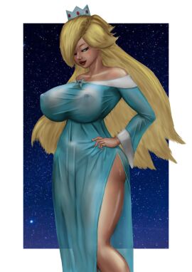 1girls big_breasts blonde_hair breasts female mario_(series) nintendo nipples nipples_visible_through_clothing oct21stuff princess_rosalina pussy solo translucent_clothing