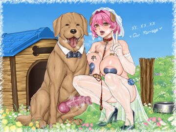 2d after_kiss bangs bestiality_marriage bestiality_tattoo big_breasts big_nipples bob_cut bridal_gauntlets bridal_veil bride canine_on_human canine_penis domestic_dog eyeliner female_on_feral feral feral_on_female feral_on_human happy headband heart-shaped_pupils high_heels huge_breasts human_female human_on_feral hyporea implied_bestiality implied_sex in_love knot large_areolae large_breasts legwear looking_at_viewer loving_it married married_couple married_to_feral mascara nipple_covers nipples_covered outdoors pale-skinned_female pale_skin paw_tattoo pawprint pink_hair romantic romantic_couple short_hair squatting stockings text thighs yellow_eyes zoophilia