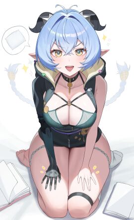 1girls absurdres accessories animal_ears black_horns black_unitard blue_eyes blue_hair blush book bra braid breasts choker cleavage collarbone commentary_request female full_body goat_ears goat_girl goat_horns green_bra hair_between_eyes hair_intakes hands_on_own_legs highres hood horizontal_pupils horns key key_choker knee_strap lap_pillow_invitation large_breasts long_hair looking_at_viewer lucia_elowen medallion mole mole_on_arm multicolored_eyes no_shoes open_mouth pillow pointy_ears seiza single_bare_foot single_bare_shoulder single_sleeve single_sock sitting socks solo sparkle speech_bubble spoken_object triangle_mouth twin_braids underwear unnunal_(unneonal) v-shaped_eyebrows white_background white_socks yellow_eyes zenless_zone_zero