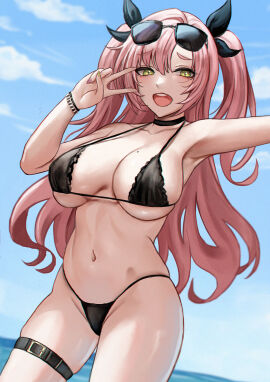 1girls alan_reet armwear big_breasts bikini bikini_bottom bikini_top black_bikini bottomwear bracelet breasts choker cleavage cunning_hares female female_only green_eyes hair hair_ornament hair_ribbon headwear hips huge_breasts long_hair mole mole_on_breast mole_under_eye neckwear nicole_demara peace_sign pink_hair ribbon selcky solo solo_female sunglasses sunglasses_on_head swimwear thigh_strap thighs topwear zenless_zone_zero