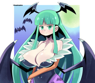 aqua_eyes aqua_hair big_breasts breasts capcom cleavage darkstalkers demon dorago_dorago dragodragodran female huge_breasts large_breasts long_hair looking_at_viewer milf morrigan_aensland skimpy_clothes smile solo succubus tagme wings