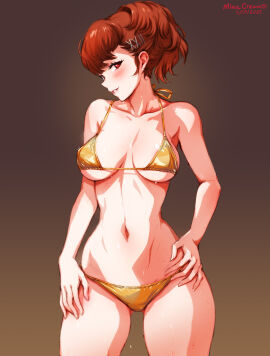 atlus breasts brown_eyes brown_hair fair_skin female female_protagonist_(persona_3) golden_bikini golden_week kotone_shiomi looking_at_viewer minacream minako_arisato persona persona_3 posing posing_for_the_viewer red_eyes sideboob skimpy smiling underboob wet