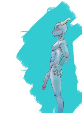 abs animal_genitalia animal_penis anthro blue_body blue_skin dragon equine_genitalia equine_penis genitals hi_res horn long_penis male mythological_creature mythological_scalie mythology penis scalie side_view smug solo thorius