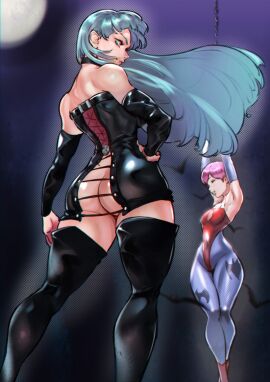 2girls alternate_costume arms_above_head ass ass_focus back back_view bare_shoulders bat_print big_ass big_breasts big_butt black_choker blue_eyes bondage boots breasts captured chained chained_up chains choker closed_eyes clothed clothing color curvaceous curvy curvy_female curvy_figure darkstalkers demon dominant_female exposed_ass female female_focus female_only femdom femsub green_hair hand_on_hip hi_res hourglass_figure juaagacgy kyuuakaku large_breasts leather leotard light-skinned_female light_skin lilith_aensland long_hair looking_at_viewer looking_back moon morrigan_aensland multiple_females multiple_girls night no_panties pantyhose petite pink_hair prisoner purple_hair questionable_consent restrained shiny_skin short_hair siblings sisters slim_waist small_breasts standing submissive_female succubus thick thick_ass thick_thighs thigh_boots thighhighs thin_waist tight_clothing victory_pose