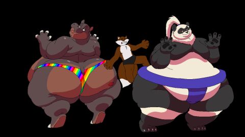 3boys animated anthro ass ass-to-ass ass_to_ass bear belly between_ass between_butts black_fur brown_eyes brown_fur butt_bump fat fox furry hippo hippopotamid hippopotamus hips julian_(kazecat) kazecat large_ass makuyama_(kazecat) male male_focus male_only overweight overweight_male panda rainbow_thong stomach sumo sumo_wrestler thick_thighs thighs thong ursid ursid_humanoid ursine white_fur white_hair wide_hips