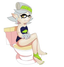 1girls anonymous_artist barefoot fangs female female_focus female_only green_hat green_toenail_polish green_toenails hat implied_scat light-skinned_female light_skin marie_(splatoon) nail_polish polish shoulder_length_hair sitting sitting_on_toilet smile splatoon toenail_polish toenails toes toilet toilet_use white_hair