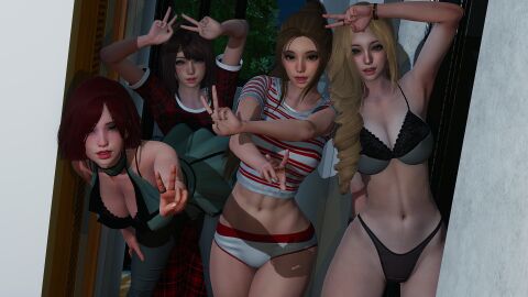 3d 4girls annie_(eternum) annie_winters athletic athletic_female bangs bending_forward bent_over big_breasts black_bra black_panties black_underwear blonde_female blonde_hair blue_eyes blush bra bracelet breasts brown_eyes brown_hair brunette_hair caribdis dalia_(eternum) dalia_carter double_peace_sign double_v eternum facing_viewer female female_focus female_only green_eyes hair hand_on_leg human indoor indoors light-skinned_female light_skin long_hair looking_at_viewer mother_and_daughter multiple_females multiple_girls nancy_(eternum) nancy_carter open_mouth pajamas panties pants peace_sign penelope_(eternum) penelope_carter ponytail pov pov_eye_contact red_hair red_nails ring shirt short_hair underwear underwear_only