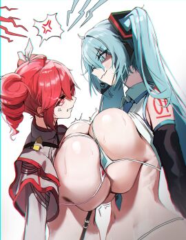 2d 2girls alternate_breast_size anger_vein angry arm_tattoo belly belly_button bikini blue_eyes blue_hair blush breast_sumo breast_to_breast breasts breasts_bigger_than_head breasts_press breasts_pressed_against_partner breasts_pressed_together breasts_to_breasts catfight cleavage close_up collared_bikini detached_sleeves dotthebot drill_hair duo face_to_face female glowing_eyes hair_ribbon hatsune_miku hatsune_miku_(collared_bikini) headgear huge_breasts kasane_teto kasane_teto_(sv) lightning long_hair long_sleeves looking_at_each_other looking_at_partner medium_hair mostly_clothed mostly_nude_female necktie open_topwear red_eyes red_hair slave_handles smaller_female smaller_girl source spoken_anger_vein standing staredown striped_bikini sweat sweaty swimsuit symmetrical_docking synthesizer_v taller_female tied_hair twin_drills twintails utau vest vocaloid white_background