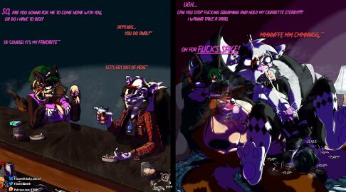 3_toes absurd_res accessory air_freshener alcohol alcohol_bottle anal anal_juice anal_juice_drip anal_juice_on_balls anal_juice_on_butt anal_juice_on_penis anal_juice_string anal_orgasm anal_sex angry anthro anus areola ashtray ass balls bar bed bed_sheet bedding bedroom bedroom_eyes bedroom_sex beer bent_legs beverage beverage_can big_areola big_breasts big_tail black_balls black_body black_claws black_clothing black_fur black_inner_ear_fluff black_shirt black_tongue black_topwear bodily_fluids bouncing bouncing_balls bow_accessory bow_ribbon breast_on_table breast_rest breast_squish breasts brown_body brown_fur canid canine canis cheek_tuft cigarette cigarette_smoke circumcised claws cleavage clothed clothing collarbone colored comic cum cum_drip cum_while_penetrated cumshot curvy_figure degradation dialogue digital_media_(artwork) dirty_talk domestic_dog dripping drooling duo ear_piercing ears_down ejaculation elbow_on_table embarrassed eye_roll eyebrow_piercing facial_piercing facial_tuft fangs feet fendrel_smith fendrel_smith_(character) finger_fetish finger_in_mouth finger_lick finger_play finger_tattoo fingers flannel flirting fluffy fluffy_balls fluffy_ears fluffy_legs fluffy_shoulders fluffy_tail front_view fur fur_pattern furniture futanari gauged_ear genital_fluids genitals german_shepherd gold_(metal) gold_tooth gradient_genitalia gradient_penis green_claws green_genitals green_hair green_nipples green_nose green_pawpads green_penis grin hair hair_accessory hair_down hair_over_eye hair_ribbon hairbow hands-free hands_behind_back herding_dog hi_res highlights_(coloring) holding_cigarette holding_leg holding_legs_up holding_object hourglass_figure humping ice inner_ear_fluff intersex intersex/male intersex_on_bottom intersex_penetrating intersex_penetrating_male jacket knot knotted_penis lamp leaking_precum legs_in_air licking lips looking_at_another looking_pleasured lube lying male male_on_top male_penetrated mammal markings mephitid messy moan motion_lines mouth_play musk musk_clouds narrowed_eyes natural_breasts nipples no_bra on_back on_bottom on_top open_mouth orgasm orgasm_face pastoral_dog pawpads paws penetration penile penile_penetration penis penis_accessory penis_bow penis_in_ass penis_ribbon penis_size_difference piercing pillow pink_clothing pink_eyes pink_inner_ear pink_inner_ear_fluff pink_jacket pink_nose pink_pawpads pink_tongue pink_topwear pivoted_ears plap plap_(sound) pounding_ass precum precum_on_own_penis premature_ejaculation presenting presenting_breasts purple_eyes reverse_cowgirl_position ribbons ring_(jewelry) role_reversal saliva saliva_drip saliva_on_chest saliva_on_face saliva_on_finger saliva_on_tongue saliva_string scar scar_on_breast scars_on_thighs seductive sex shaded shaking shaking_legs shaking_orgasm shirt shlick size_difference skunk smile smoke smoke_from_mouth smoke_from_nose smoking smoking_cigarette smoking_during_sex soft_shading spade_(fendrel_smith) squish stretched_anus striped_markings stripes tail tail_motion tailwag talking_during_sex talking_to_another talking_to_partner tan_body tan_fur tan_inner_ear tattoo teeth text thick_thighs thigh_squish throbbing throbbing_penis toes tongue tongue_out topwear touching_hair tuft twirling_hair twitching two_panel_image unexpected_dom unzipped unzipped_jacket whiskey white_anus white_body white_fur white_hair white_nipples wide_eyed x_eyes zipper