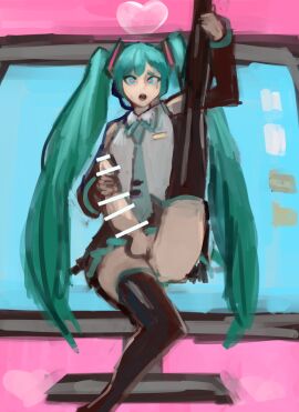 1futa balls big_penis blue_eyes blue_hair censored detached_sleeves futa_masturbation futa_only futanari hatsune_miku headset heart-shaped_pupils intersex kmaro leg_up long_hair masturbation penis shirt skirt thighhighs twintails vocaloid