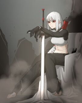 barefoot belly_button big_breasts breasts elf_ears feet female gloves gogalking insact leaning_forward long_hair long_sleeves looking_at_viewer red_eyes sitting sitting_on_chair slim_waist sword teenager vampire_(gogalking) white_hair