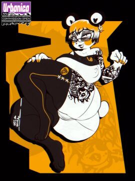 1girls 2d 2d_(artwork) anthro ass background big_areola big_ass big_breasts big_butt big_nipples big_thighs black_and_white_fur black_lip black_lips black_lipstick bowl_cut breasts cheeks ear_piercing ear_ring earrings eyeshadow female female_focus female_only glasses knee_socks logo logo_in_background makeup nail_polish nailpolish nails nails_painted orange_hair panda panda_ears praya_the_panda short_hair simple_background socks socks_(marking) solo tank_top tank_top_lift tanktop tattoo tattoo_on_arm tattoo_on_legs tattooed_arm tattoos thick_ass thighhighs thighs urbanica