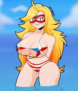 1girls bikini blonde_hair breasts charlotte_vanders female kamen_america kamen_america_(series) large_breasts light-skinned_female light_skin looking_at_viewer niftyrex smiling smiling_at_viewer thighs