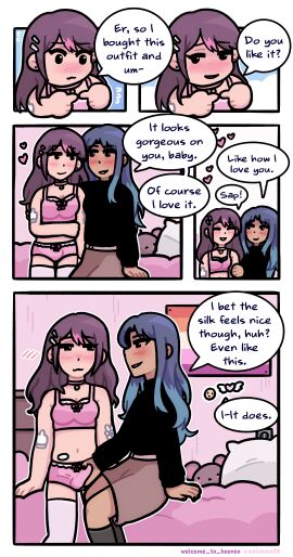 2girls bed bedroom bulge bulge_grab bulge_in_panties choker dark-skinned_female embarrassed emma_(welcome_to_heaven) erection erection_in_panties female/female fingertips_touching fully_clothed grabbing_penis groping_crotch hairclip heart hearts_around_head interracial interracial_yuri lesbian_couple light-skinned_female lingerie nervous pantie_bulge panty_bulge romantic_couple sasha_(welcome_to_heaven) shy touching_penis trans_woman transfem transgender_woman welcome_to_heaven wholesome yuri