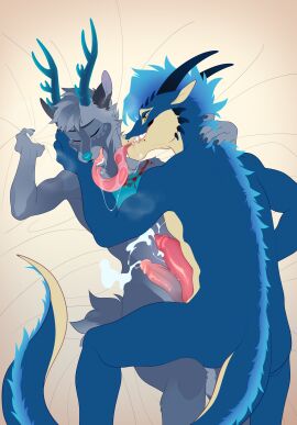 absurd_res anthro bed_sheet bedding bite black_ears black_horn blue_body blue_fur blue_horn blue_mane blue_nose blue_scales bodily_fluids claws closed_eyes cum cum_drip deer dragon drembonaarkrah dripping duo ejaculation european_mythology facial_spikes frottage fur genital_fluids genitals grabbing_neck grabbing_sheets grasp grey_body grey_fur hair hi_res horn male male/male mammal mane mane_hair mythological_creature mythological_scalie mythology oral orgasm penile penis pink_penis scales scalie sex shoulder_bite sky spikes spikes_(anatomy) tail tan_body teeth tongue tongue_fucking tongue_out western_dragon yellow_eyes
