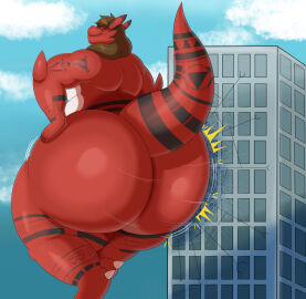 anthro ass bandai_namco big_ass big_butt brown_hair bubble_ass bubble_butt building digimon digimon_(species) giant giant_male growlmon hi_res huge_ass huge_thighs hyper hyper_ass hyper_butt hyper_thighs macro male megacoolbear_(artist) nude outside overweight overweight_anthro overweight_male red_body sky solo tail thick_thighs