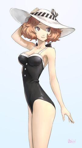 1girls 2021 2d artist_name artist_signature black_swimsuit brown_eyes brown_hair female grey_background haru_okumura haru_okumura_(swimsuit_strikers) hat light_skin one-piece_swimsuit ozkh persona persona_5 persona_5_scramble:_the_phantom_strikers solo solo_female