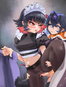 1futa 1girls ahoge arrax_(wdah8558) belle_(zenless_zone_zero) black_hair black_pantyhose blue_hair blush breasts clothed clothed_sex clothing clothing_aside colored_inner_hair duo ellen_joe erection female fins fish_tail futa_on_female futa_with_female futanari hair_between_eyes highres human intersex light-skinned_female light-skinned_futa light_skin looking_at_another looking_back maid_headdress medium_breasts midriff mostly_clothed multicolored_hair navel open_mouth panties panties_aside pantyhose penis puffy_short_sleeves puffy_sleeves pussy red_eyes red_hair sex shark_tail sharp_teeth short_hair short_sleeves stomach stomach_bulge striped_clothes striped_panties tail teenager teeth tongue tongue_out uncensored underwear vaginal_penetration victoria_housekeeping zenless_zone_zero