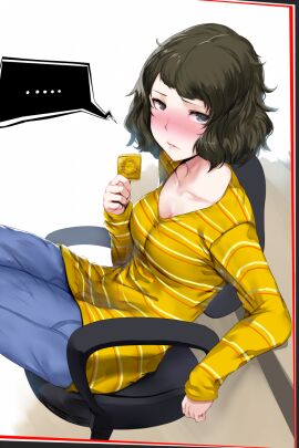 ... 10s 1girls blush breasts brown_eyes brown_hair chair cleavage collarbone condom condom_wrapper embarrassed female hews_hack looking_at_viewer medium_breasts messy_hair persona persona_5 sadayo_kawakami short_hair sitting solo spoken_ellipsis textless_version