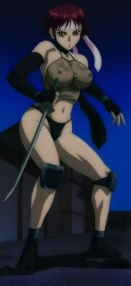 big_breasts breasts female headband kikyo_(the_last_kunoichi) kunoichi kunoichi_bakumatsu_kitan netting red_hair screenshot stitched sword the_last_kunoichi underwear