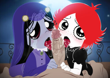 1boy 2girls banshee big_penis black_eyes black_hair blush clothed_sex crying female human jcm2 licking_penis long_hair male misery_(ruby_gloom) oral penis purple_skin red_eyes red_hair ruby_gloom ruby_gloom_(franchise) straight veil white_skin