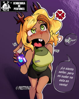 4:5 absurd_res anthro blonde_hair blush bottomwear breasts clothed clothing deer deltarune eyelashes female freckles green_eyes hair hi_res horn la_tiapat long_ears mammal may_(may_string) nails noelle_holiday open_mouth perfume skirt teeth tongue topwear undertale_(series)