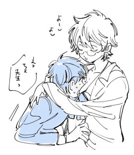 1boy 1girls age_difference arms_around_neck blush breasts canon_genderswap class_3-z cleavage doodle embrace face_in_breasts female fully_clothed genderswap genderswap_(mtf) ginko_sakata gintama gintoki_sakata glasses head_between_breasts hug labcoat male monochrome official_alternate_costume older_female older_female_and_younger_male rule_63 shimura_shinpachi short_hair sketch surprised sweat teacher teacher_and_student uirou_(2357189) upper_body very_short_hair younger_male