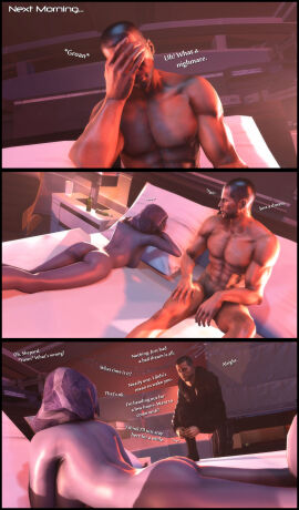 1boy 1girls 3d abs after_sex alien_girl ass ass_focus athletic athletic_female backboob breasts comic comic_page commander_shepard completely_nude covered_penis female foab30 hourglass_figure huge_breasts human male mass_effect muscular muscular_male nude nude_female_clothed_male penis quarian rear_view sfm sideboob sleeping tali'zorah_nar_rayya violet_skin wide_hips