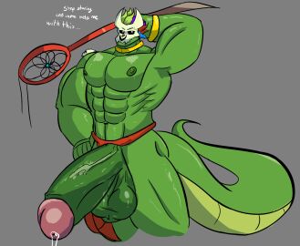 anthro green_body hyper_penis male penis precum reptile witch_doctor_(terraria)