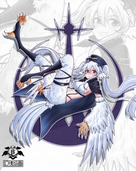 @_@ absurdres bird_legs bird_tail black_hair black_socks blush breasts claws clitoral_hood commentary_request feathers female genkyopainting harpy highres long_hair looking_at_viewer medium_breasts midriff monster_girl navel original panties panty_pull pulling_own_clothes pussy pussy_juice red_eyes sideboob socks solo stirrup_legwear tail talons thigh_strap toeless_legwear twintails uncensored underwear wavy_mouth white_feathers white_hair white_wings wings zoom_layer