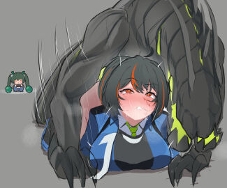 absurdres black_hair blue_jacket breasts ethereal_(zenless_zone_zero) female female_focus hati_(zenless_zone_zero) highres interspecies jacket large_breasts long_hair lying multicolored_hair nosebleed on_stomach police police_uniform ponytail prone_bone qingyi_(zenless_zone_zero) red_hair sex streaked_hair sunggou uniform zenless_zone_zero zhu_yuan zoophilia