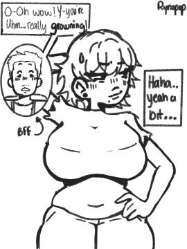 1boy 1girls artist_signature belly belly_button big_breasts black_and_white blush bra_visible_through_clothes bralines breasts dialogue earrings english_text female female_focus friends hand_behind_head hand_on_hip implied_expansion implied_growth male midriff monochrome original original_character original_characters pants plump_lips rynopop shirt short_hair simple_background sweatdrop t-shirt text white_background