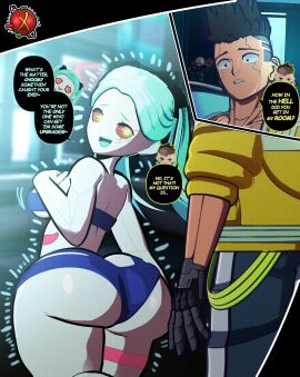 1boy 1girls 2d adam_smasher ass big_ass bottom_heavy bra breasts bubble_ass bubble_butt clothing cyberpunk:_edgerunners cyberpunk_2077 david_martinez_(edgerunners) dialogue english_text fat_ass female green_hair huge_ass jacket large_ass looking_back male panties pants rebecca_(edgerunners) shortstack small_but_cheeky thick_ass thick_thighs wide_hips xscapism