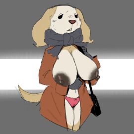 aggressive_retsuko aggretsuko anthro anthro_only big_breasts big_nipples breasts breasts_out coat estebon89 female female_only flashing_breasts handbag inui_(aggressive_retsuko) mostly_nude panties sanrio scarf wet_panties