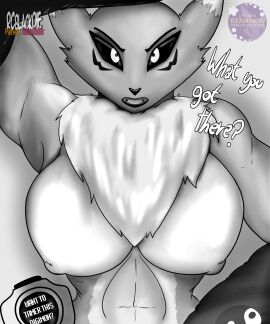 abs absurd_res angry anthro bandai_namco big_breasts black_nose black_sclera breasts canid canine canine_nose chest_tuft clothing dialogue digimon digimon_(species) digivice english_text facial_tattoo fangs female fox gloves handwear hi_res long_ears mammal markings muscular open_mouth rcblackdie renamon solo tattoo teeth text tuft ying_yang