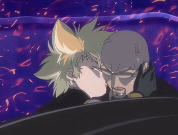 1boy 1girls 2007 american animated ass bald bare_back bible_black bible_black_new_testament black_suit blonde_hair breasts breasts_pressed car crowley's_guards female formal_clothes goatee jody's_guards kissing kissing_cheek large_breasts lipstick makeup midriff night no_bra revealing_clothes rubbing_crotch shin_bible_black short_hair spiked_hair suit sunglasses tagme unconscious yellow_eyes yuge_toru