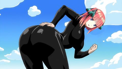 ass bending_over big_ass big_breasts big_butt black_bodysuit blue_eyes breasts busty crossover crossover_cosplay curvy edit fairy_tail female go-toubun_no_hanayome hair_ornament jiggle_butt_gang latex latex_bodysuit looking_at_viewer medium_hair nakano_nino red_hair skintight spandex thick_ass thick_thighs voluptuous