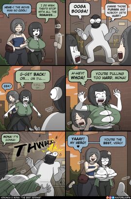 1boy 2girls balaclava big_breasts bob_cut breasts button_pop clothing comic doctorloops english_text female funny humor improvised_weapon injury knocked_out male mona_(doctorloops) robbery ski_mask text thief unconscious veronica_(doctorloops) veronica_and_mona