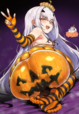 absurdres anus ass bare_shoulders bikini blush bodypaint breasts ebora elbow_gloves fate/grand_order fate_(series) female fingerless_gloves forked_eyebrows gloves hat highres kneeling long_hair looking_at_viewer melusine_(fate) micro_bikini open_mouth orange_bikini orange_gloves orange_hat orange_skirt orange_thighhighs pumpkin_costume pussy sidelocks skirt small_breasts smile solo striped_clothes striped_gloves striped_thighhighs swimsuit thighhighs thighs white_hair yellow_eyes