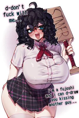 1girls 2d 2d_(artwork) @_@ ahoge big_breasts black_eyes black_hair black_nails blue_eyes breasts curly_hair cute_fang dialogue dress_shirt embarrassed female female_only glasses hagoita miniskirt mole nail_polish paddle painted_nails plaid_skirt pleated_skirt renata11033 round_glasses school_uniform shirt skirt solo spiral_eyes swirly_eyes text thick_thighs thighhighs white_shirt white_thighhighs
