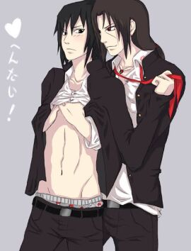 blushing brother brothers chest clothed clothed_male gay hand_on_chest hands_on_chest imminent_sex incest itasasu love_making male naruto naruto_(series) naruto_shippuden sasuita sasuke_uchiha sibling_incest sibling_romance siblings stomach tie uchiha_itachi yaoi