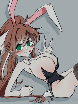 1girls almonds_(almonddssss) ass big_ass big_breasts blush blush_lines breasts brown_hair bunny_ears bunny_tail bunnysuit cleavage collarbone doki_doki_literature_club female female_only green_eyes huge_breasts leotard light-skinned_female light_skin long_hair long_nails looking_at_viewer monika_(doki_doki_literature_club) peace_sign pelvic_curtain pelvic_line posing ribbon smile smiling thick_thighs thighhighs tight_clothing tongue tongue_out