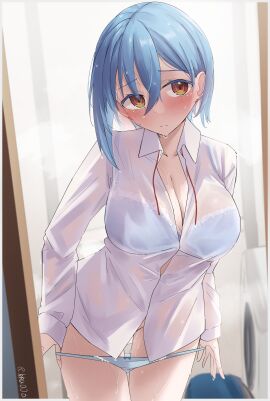 bare_legs bare_thighs big_breasts blue_bra blue_hair blue_panties blush bow_panties bra bra_visible_through_clothes breasts cleavage closed_mouth collarbone convenient_censoring earrings female groin indoors love_live! love_live!_superstar!! medium_hair no_pants orange_eyes panties panty_pull rikka006 see-through_clothing standing thighs wakana_shiki wet_body wet_clothes wet_hair