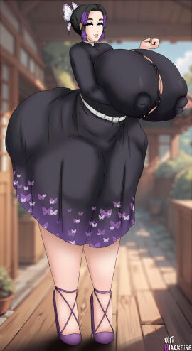 1girls ass big_breasts big_nipples black_hair breasts curvy demon_slayer female female_only gigantic_breasts kimetsu_no_yaiba kochou_shinobu large_areolae large_ass large_breasts large_butt looking_at_viewer nipples_visible_through_clothing purple_eyes solo solo_focus thick_lips thick_thighs two-tone_hair ultiblackfire voluptuous wide_hips